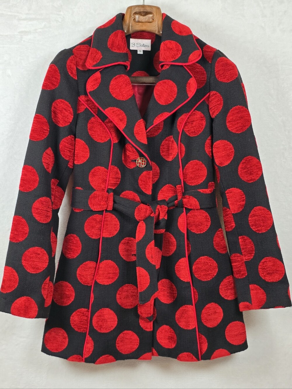 3 Sisters Polka Dot Deep Red Black Textured Belted Trench Coat Jacket Sz.Small